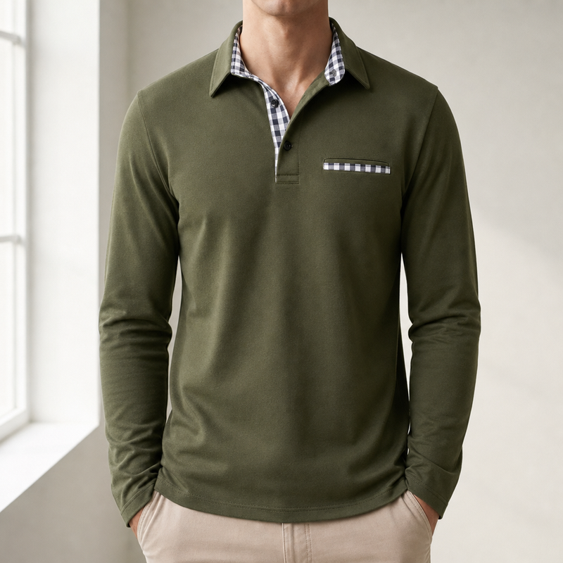 Portofino Plaid Collar Polo Shirt in Olive