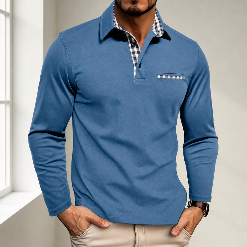 Portofino Plaid Collar Polo Shirt in Blue