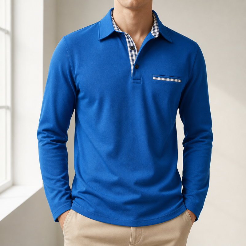 Portofino Plaid Collar Polo Shirt in Navy Blue