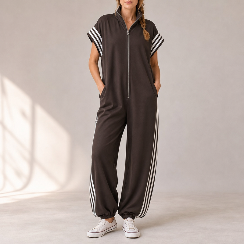 Portofino Striped Zip Jumpsuit in Brown