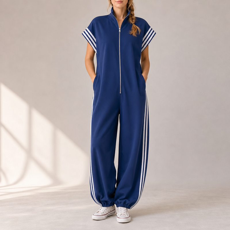 Portofino Striped Zip Jumpsuit in Navy Blue