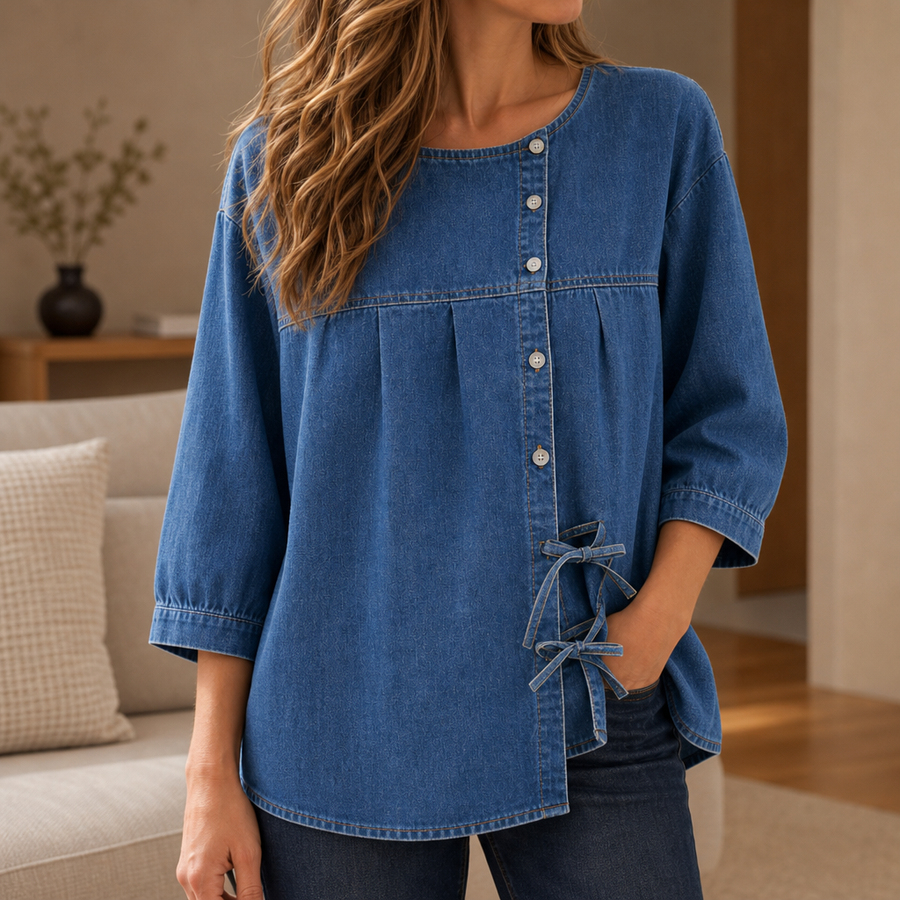 Pylos Denim Bow Blouse in Blue