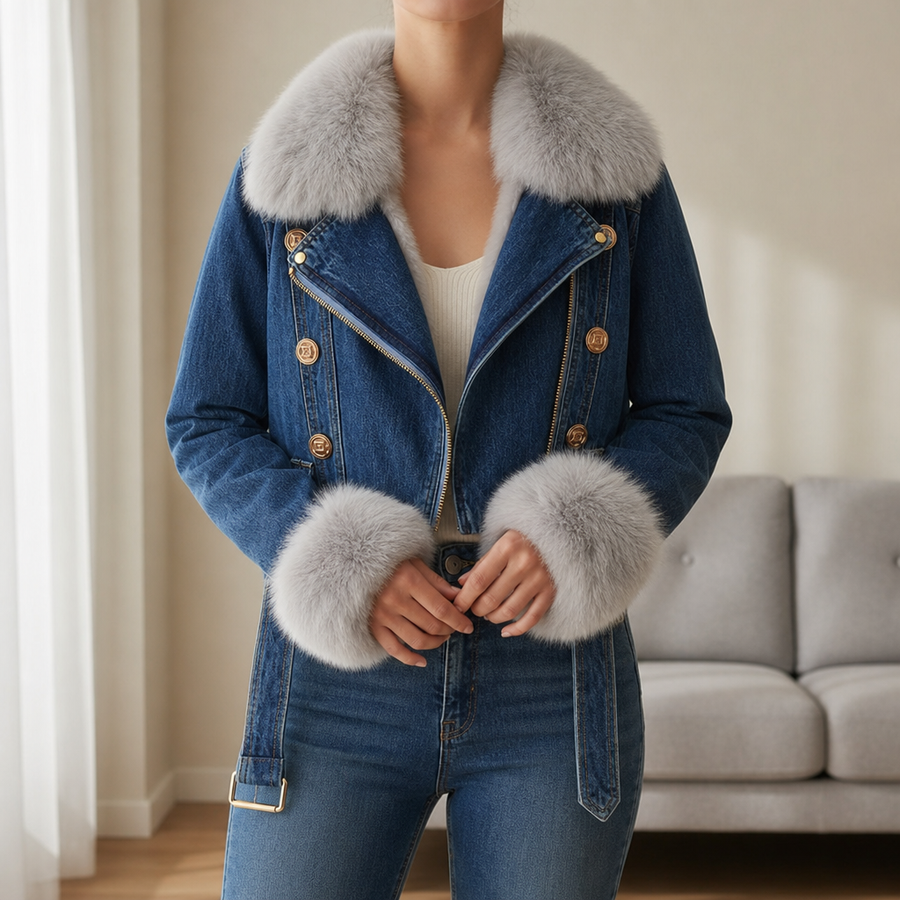 Roussillon Fur-Trim Denim Jacket in Dark Blue