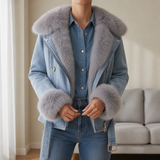 Roussillon Fur-Trim Denim Jacket in Light Blue