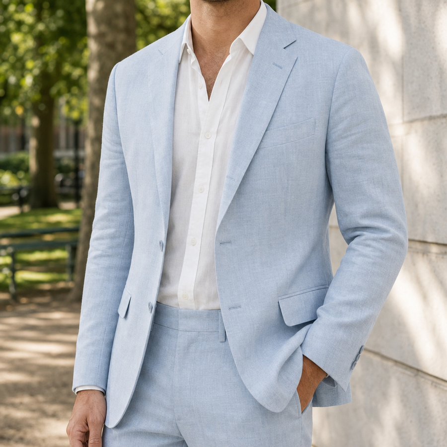 Roussillon Tailored Linen Suit Set in Light Blue