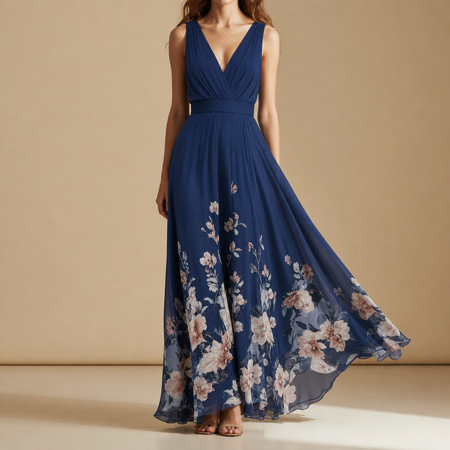 Salamanca Floral Chiffon Maxi Dress in Navy