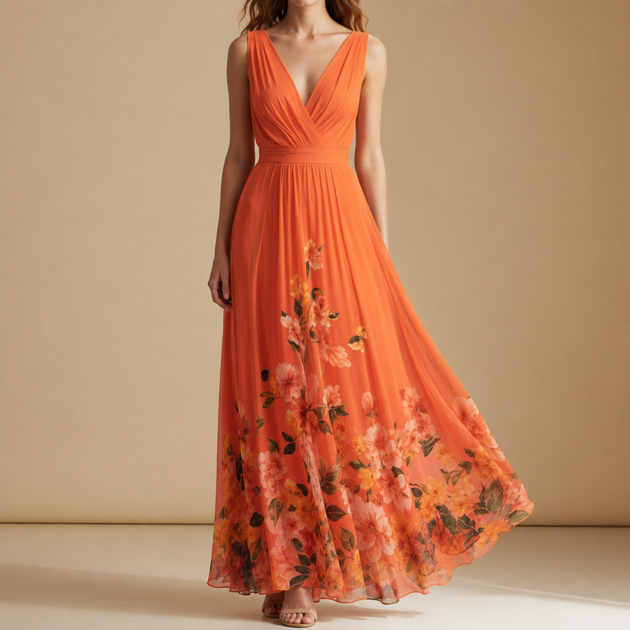 Salamanca Floral Chiffon Maxi Dress in Orange