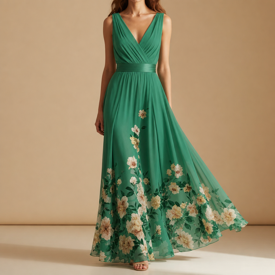 Salamanca Floral Chiffon Maxi Dress in Green