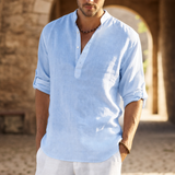 Segovia Linen Henley Shirt in Light Blue