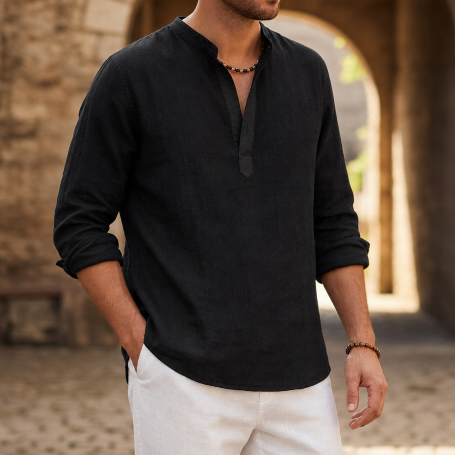 Segovia Linen Henley Shirt in Black