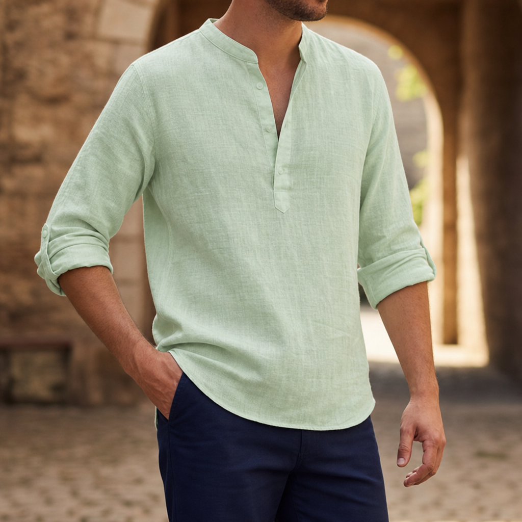 Segovia Linen Henley Shirt in Light Green