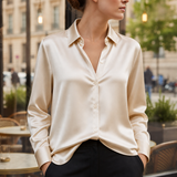 Sifnos Satin Button-Down Blouse in Beige