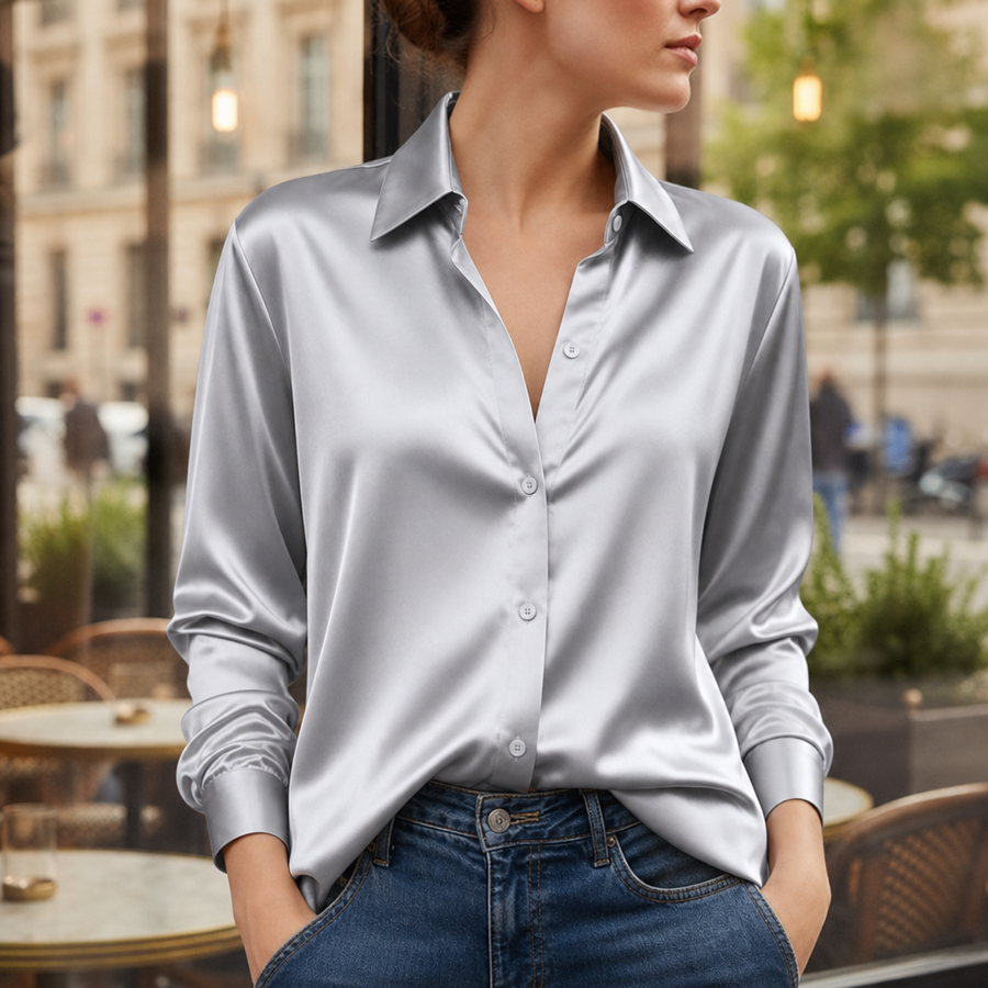 Sifnos Satin Button-Down Blouse in Silver