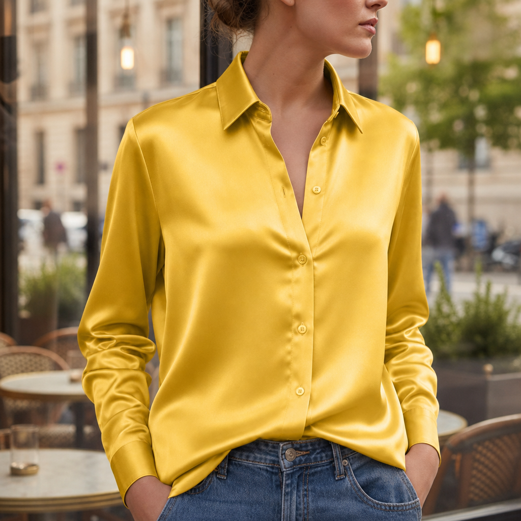 Sifnos Satin Button-Down Blouse in Yellow