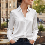 Sifnos Satin Button-Down Blouse in White