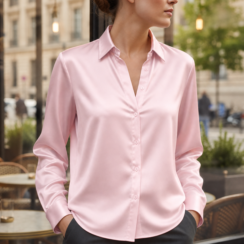 Sifnos Satin Button-Down Blouse in Pink