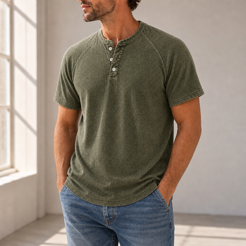 Sitges Washed Henley T-Shirt in Army Green
