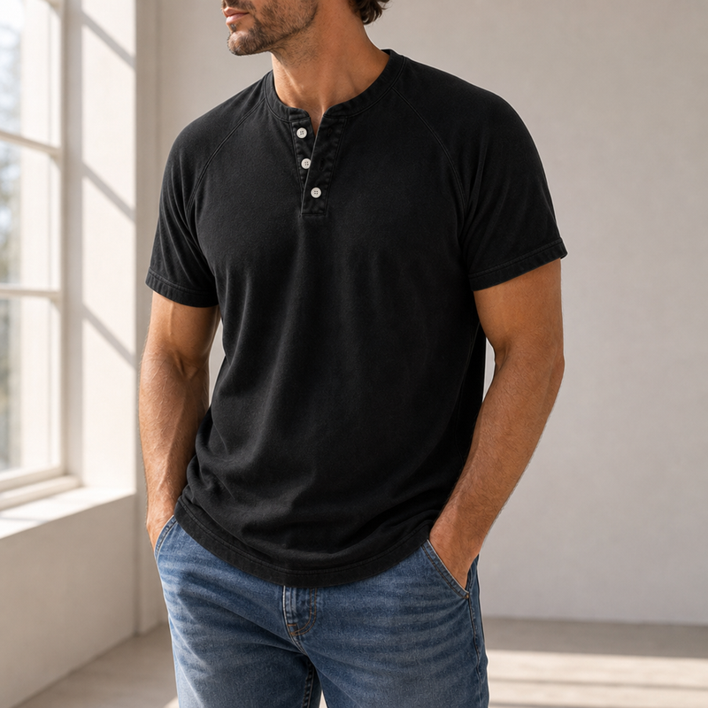Sitges Washed Henley T-Shirt in Black