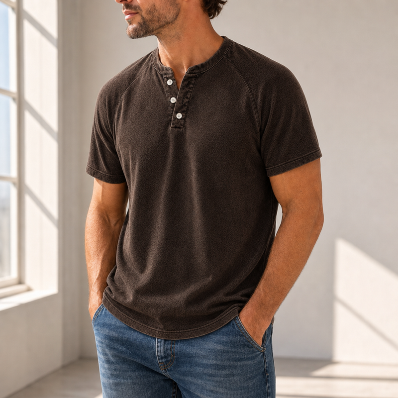 Sitges Washed Henley T-Shirt in Dark Brown