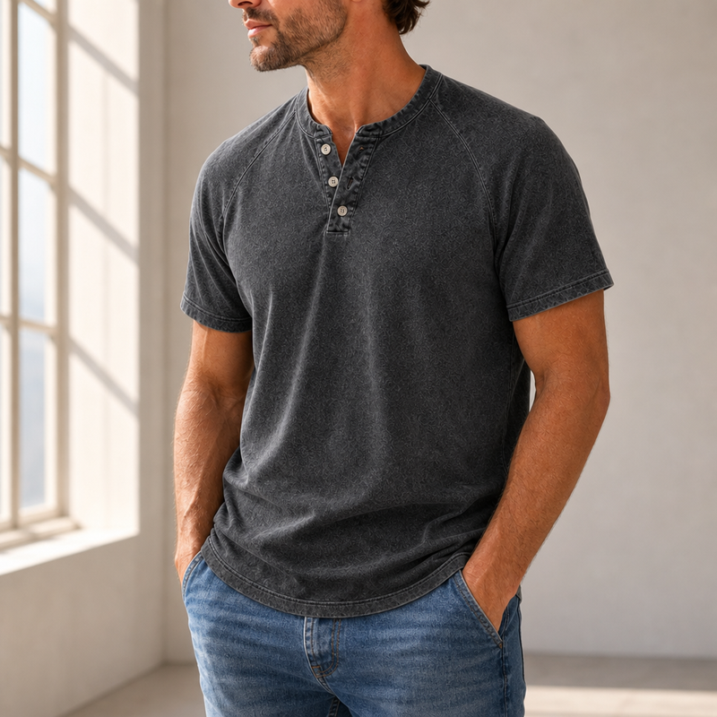 Sitges Washed Henley T-Shirt in Charcoal Gray