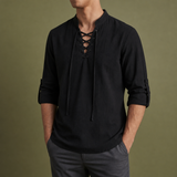 Skyros Lace-Up Linen Shirt in Black