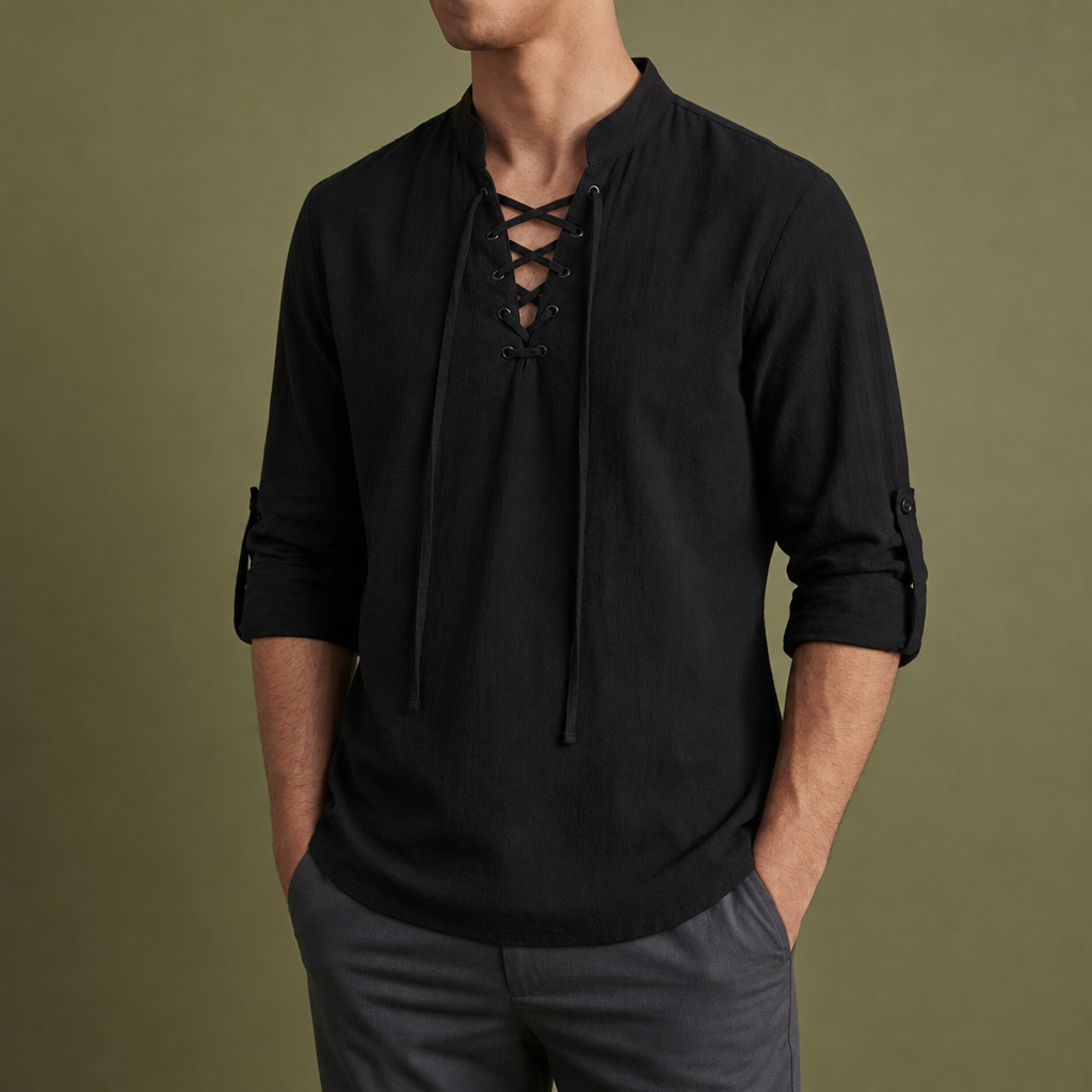 Skyros Lace-Up Linen Shirt in Black