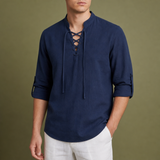 Skyros Lace-Up Linen Shirt in Blue