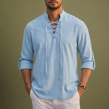 Skyros Lace-Up Linen Shirt in Light Blue