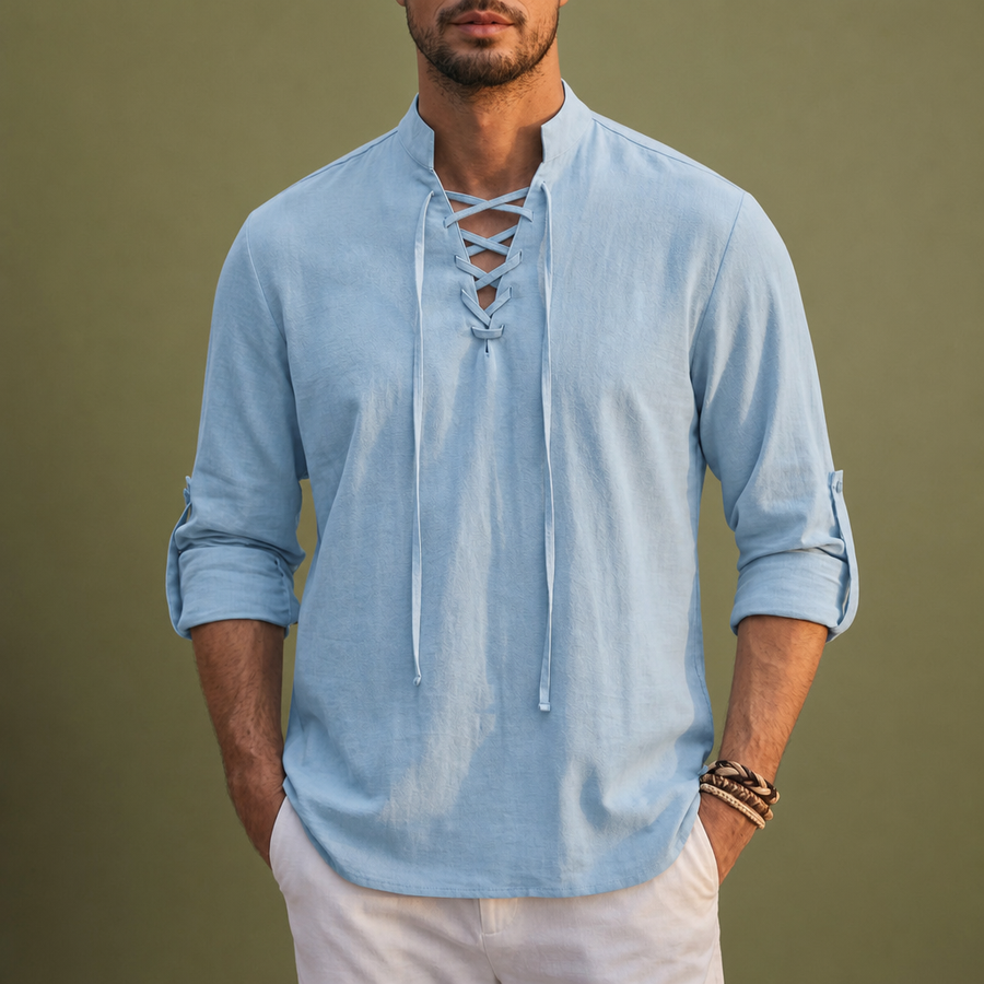 Skyros Lace-Up Linen Shirt in Light Blue