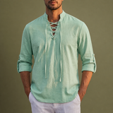 Skyros Lace-Up Linen Shirt in Green
