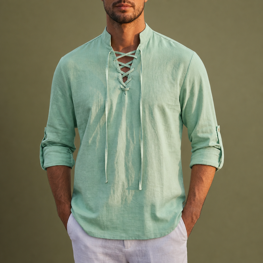 Skyros Lace-Up Linen Shirt in Green