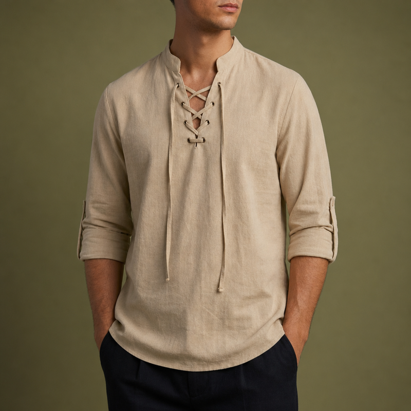 Skyros Lace-Up Linen Shirt in Brown