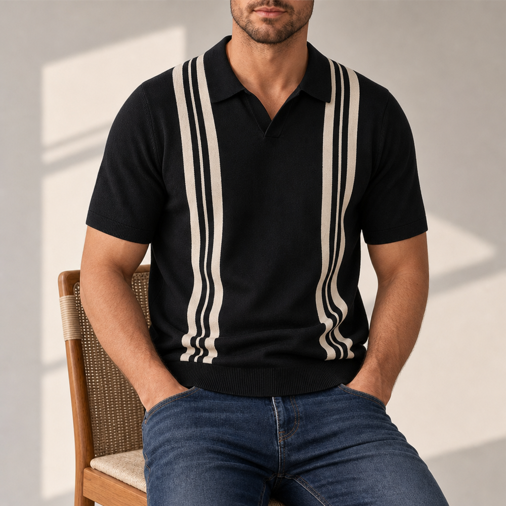 Sorrento Striped Knit Polo in Black