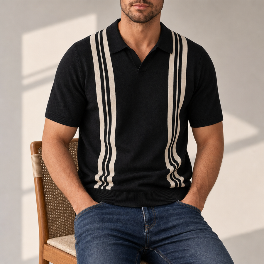 Sorrento Striped Knit Polo in Black