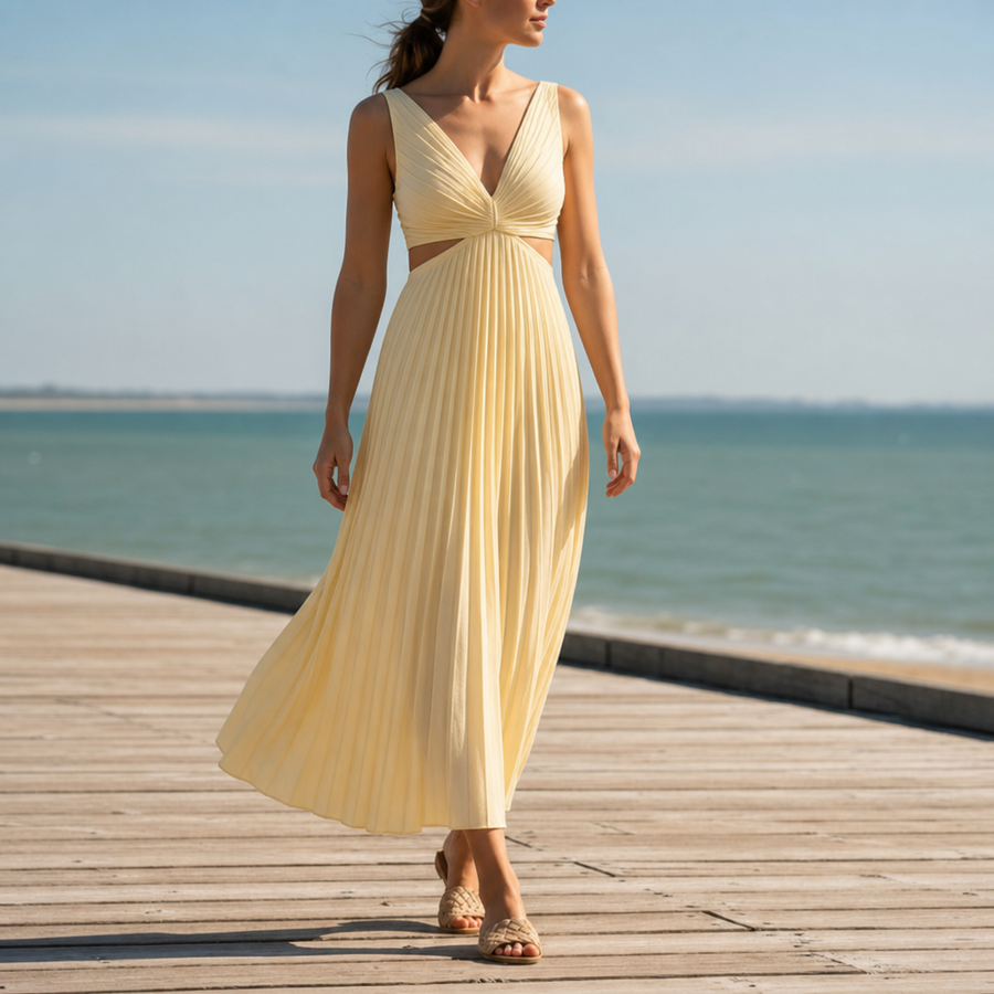 Spetses Pleated Cut-Out Midi Dress in Yellow