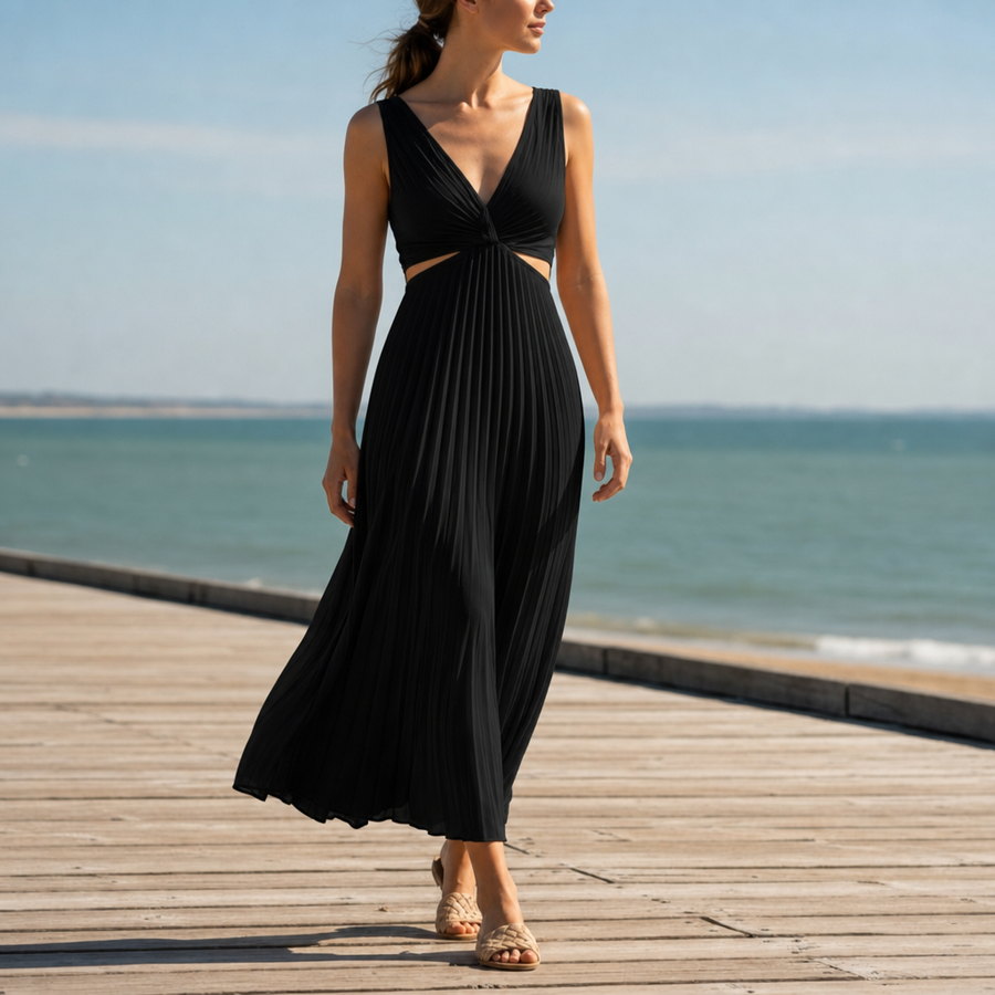 Spetses Pleated Cut-Out Midi Dress in Black
