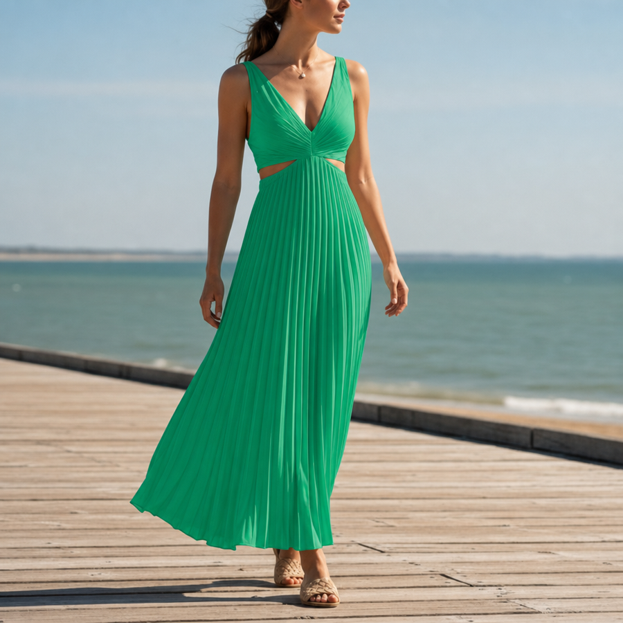 Spetses Pleated Cut-Out Midi Dress in Green