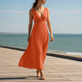 Spetses Pleated Cut-Out Midi Dress in Orange
