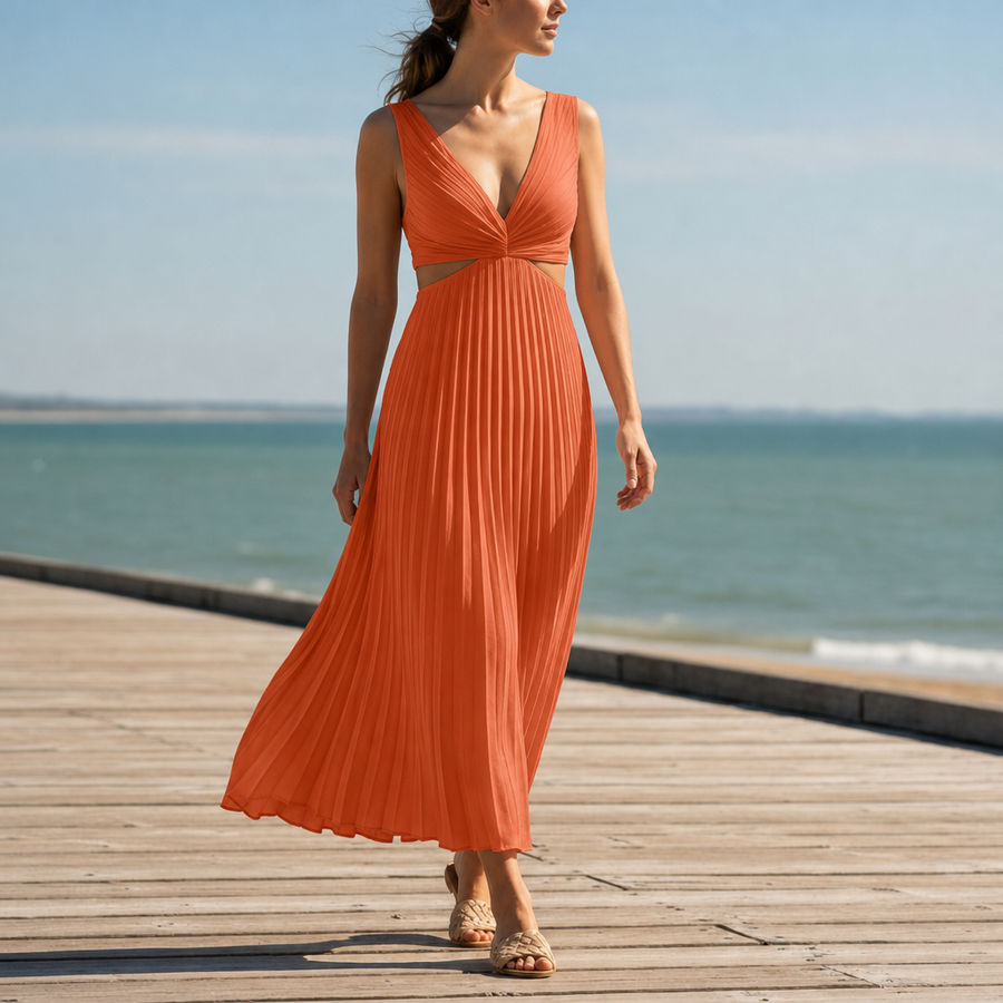 Spetses Pleated Cut-Out Midi Dress in Orange