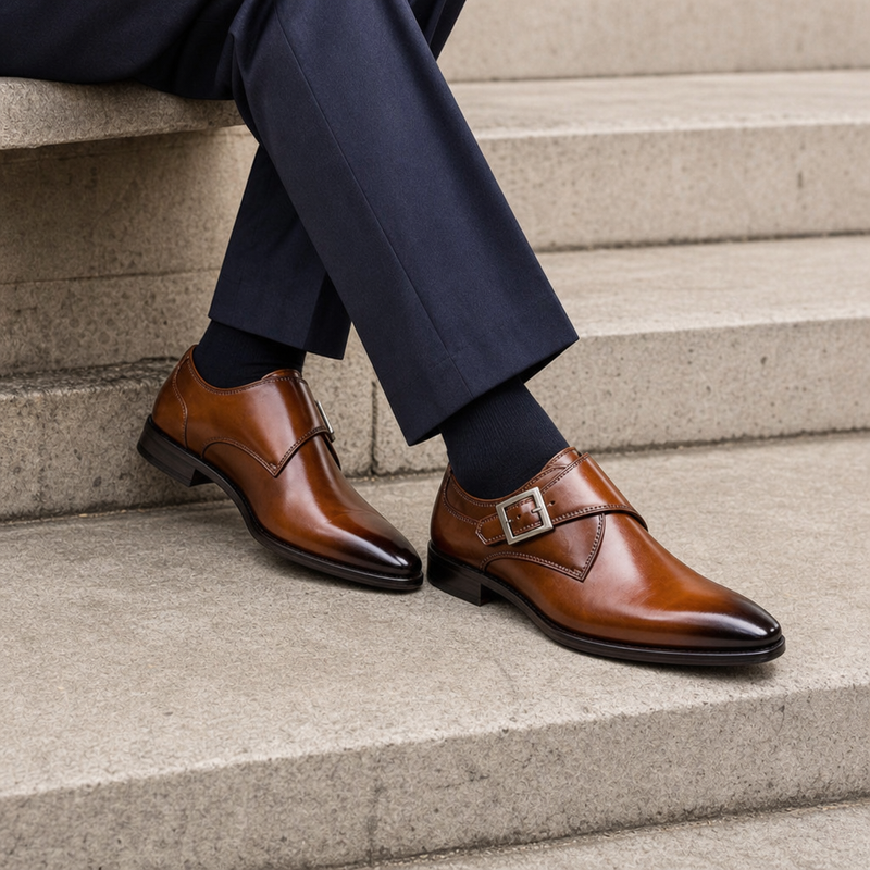 Stresa Leather Monk Strap Shoes in Cognac Brown