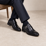 Stresa Leather Monk Strap Shoes in Obsidian Black