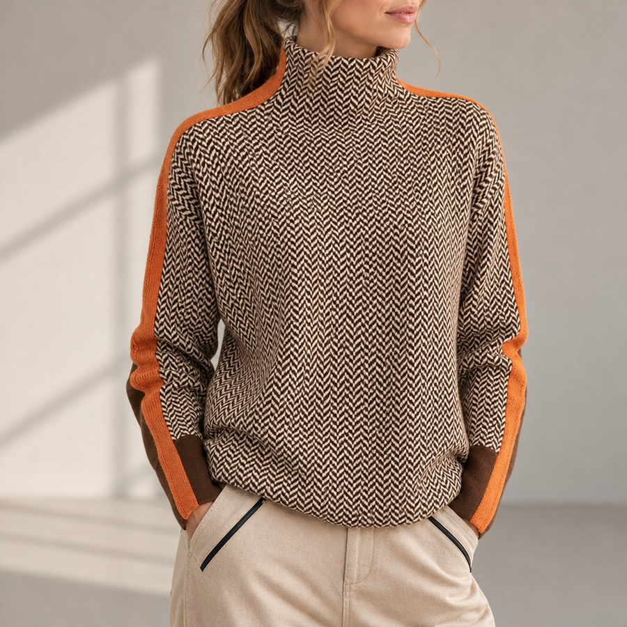 Symi Chevron Stripe Turtleneck Sweater in Orange