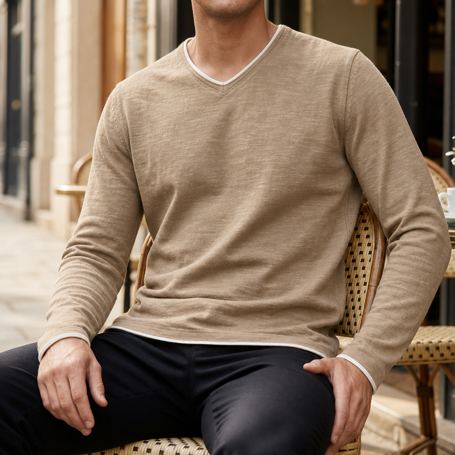 Syros Contrast Trim V-Neck Tee in Brown