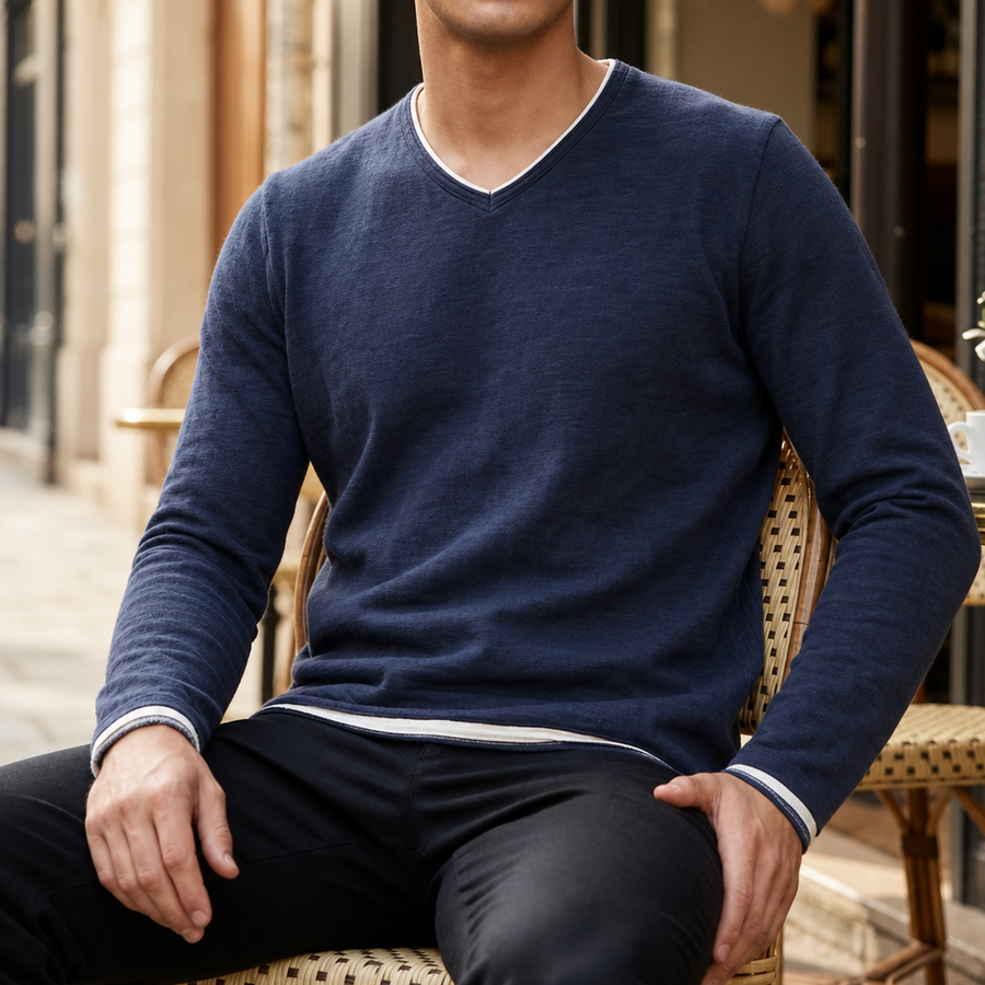 Syros Contrast Trim V-Neck Tee in Navy Blue