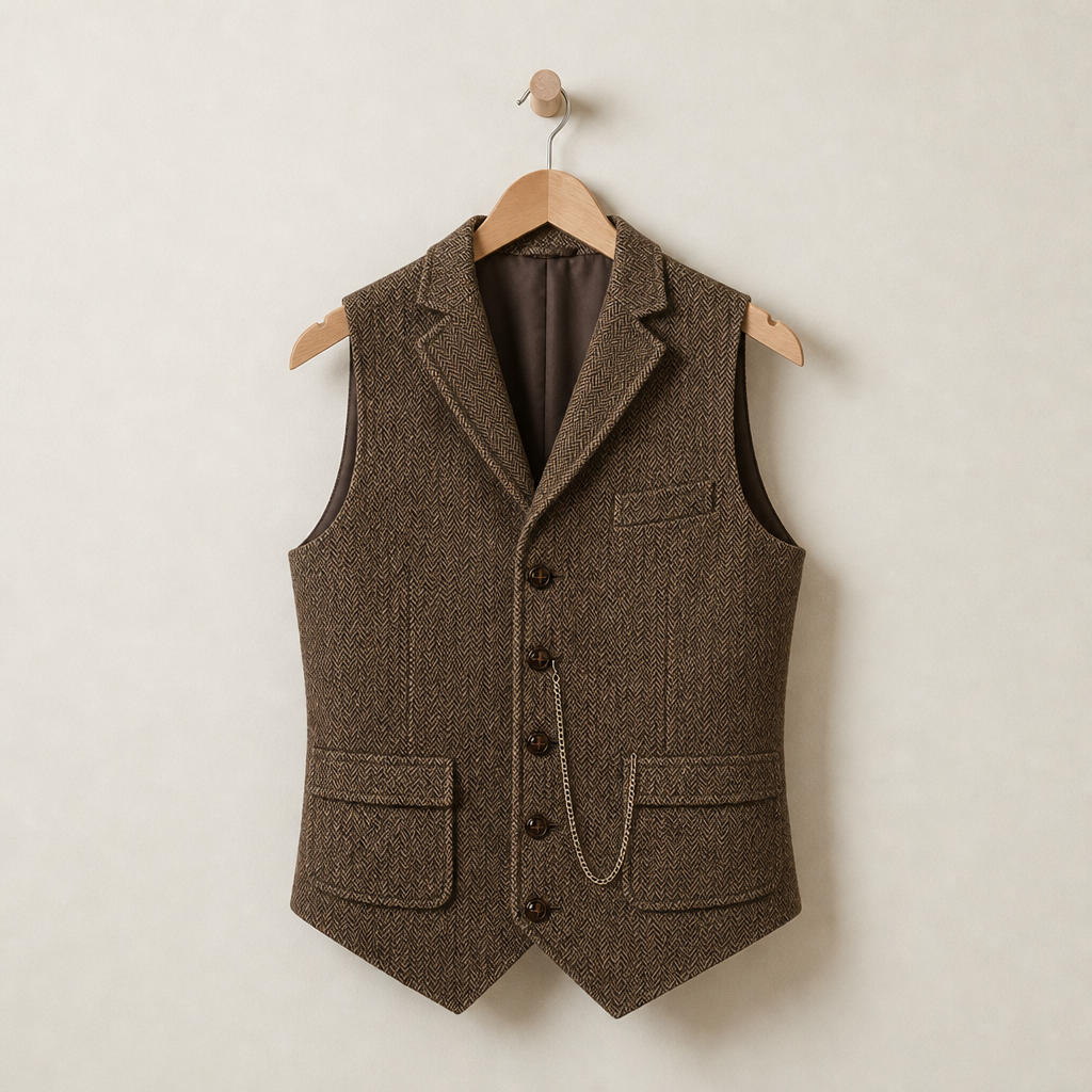 Tarifa Herringbone Lapel Waistcoat in Coffee
