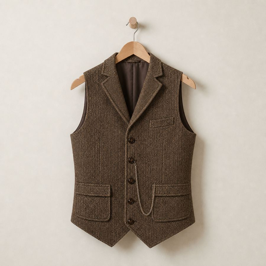 Tarifa Herringbone Lapel Waistcoat in Coffee