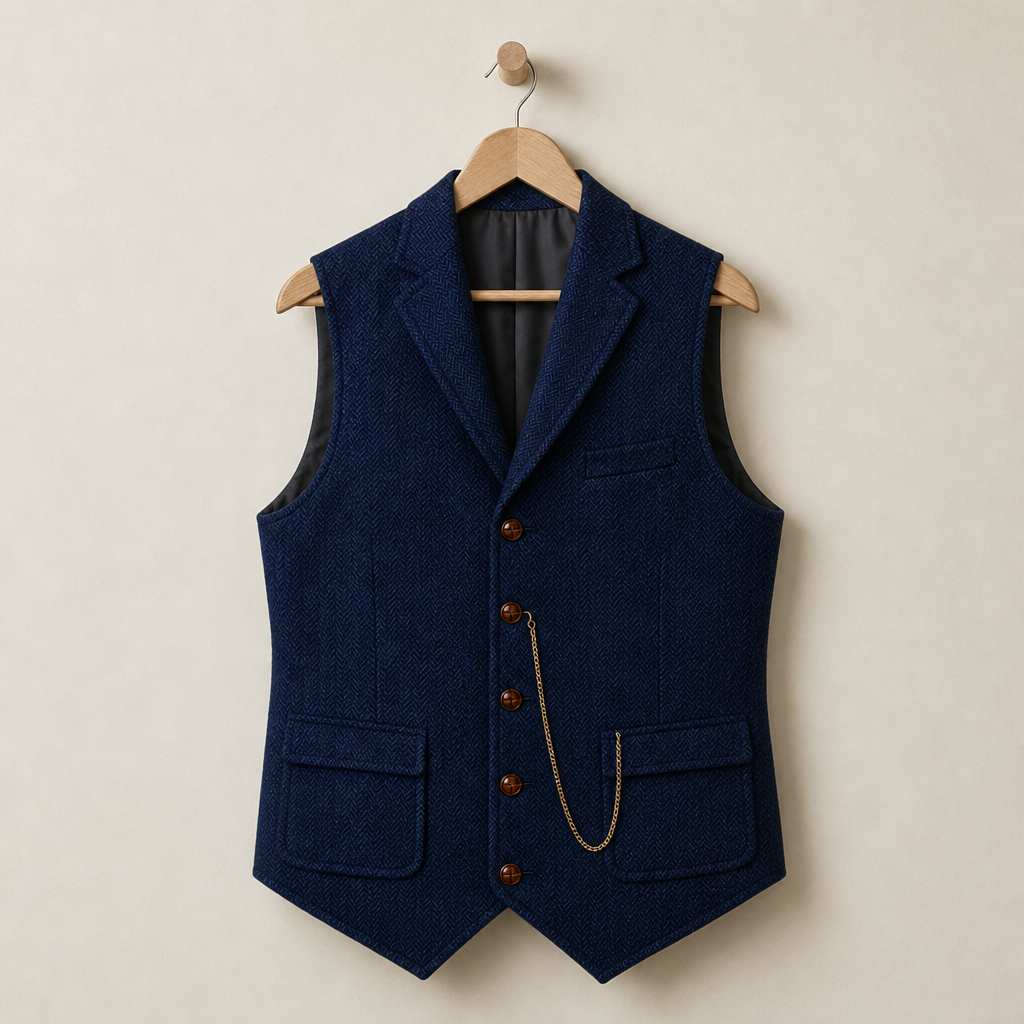 Tarifa Herringbone Lapel Waistcoat in Blue