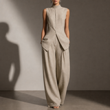 Toledo Linen Mock Neck Pant Set in Beige