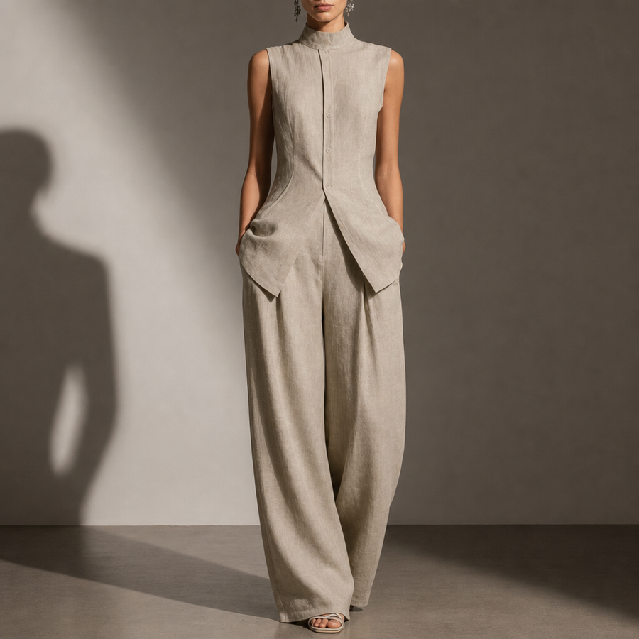 Toledo Linen Mock Neck Pant Set in Beige