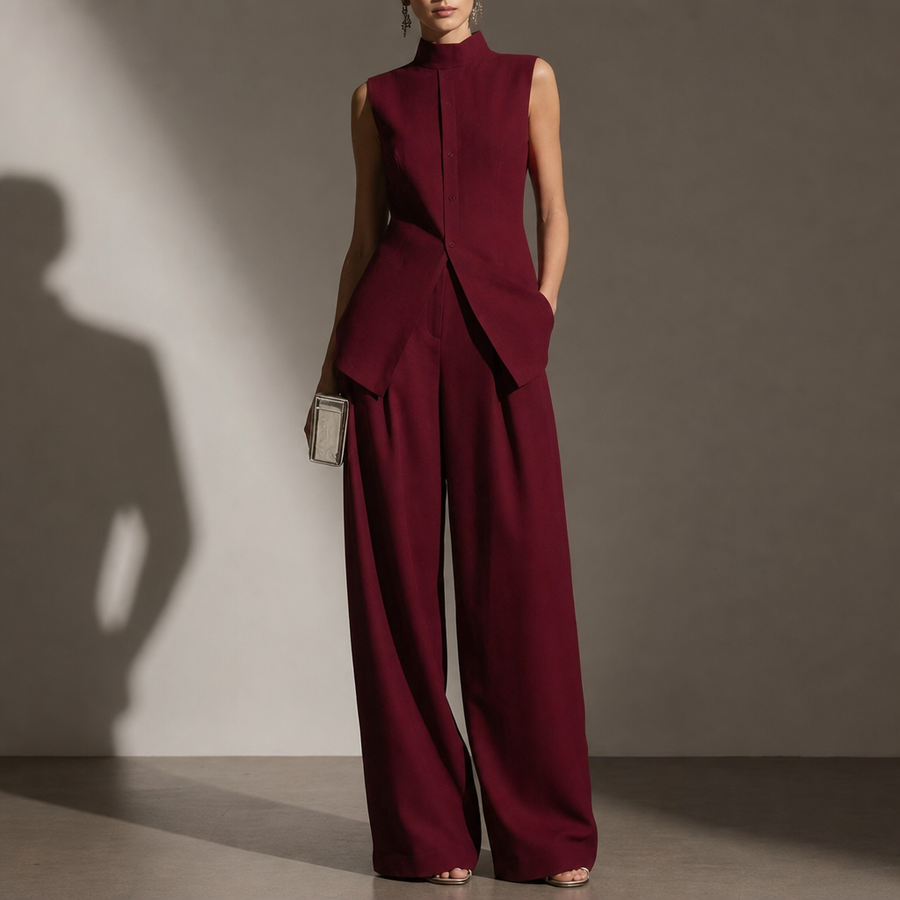 Toledo Linen Mock Neck Pant Set in Red